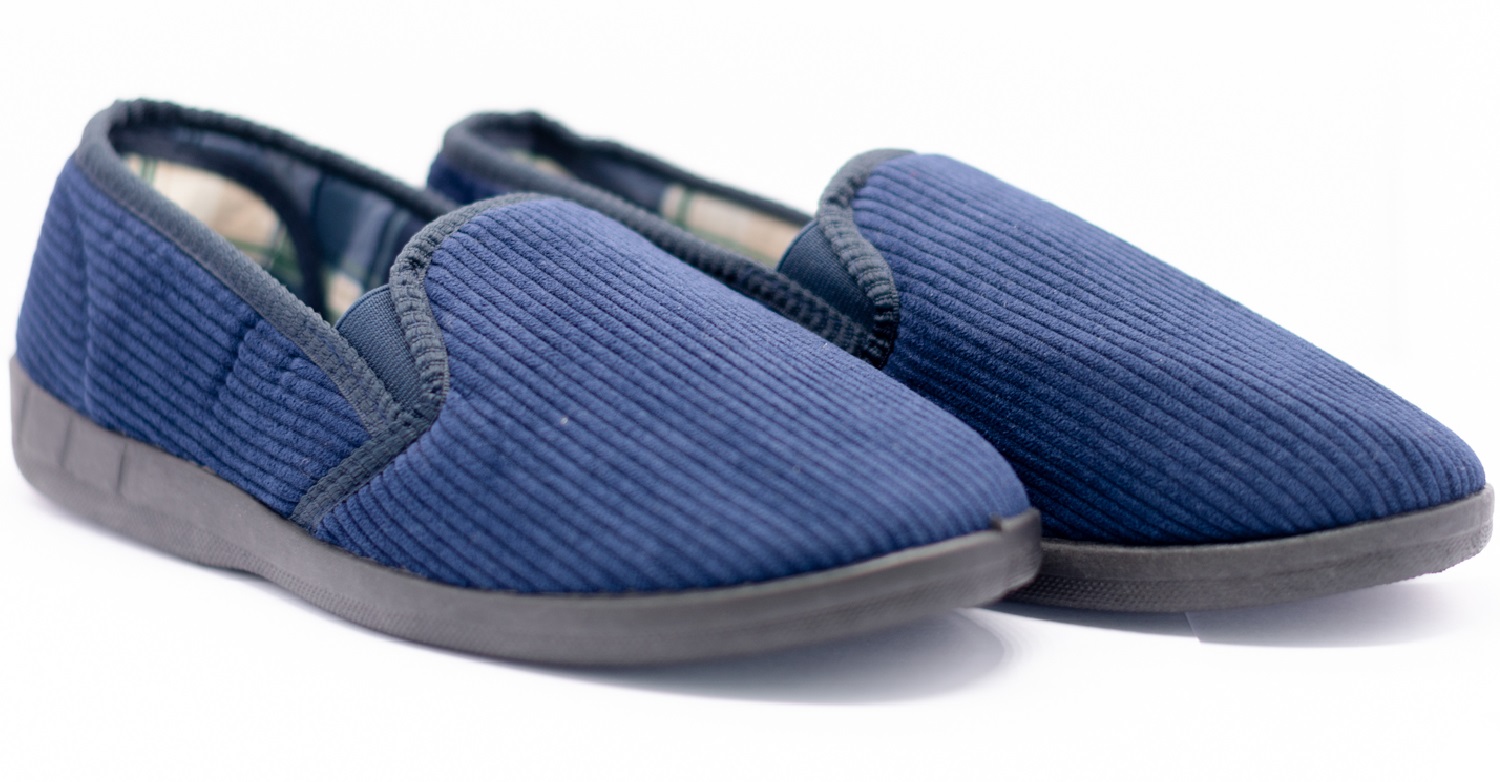 MENS GENTS HARD SOLE COMFY SLIP ON NAVY STRIPED WARM INDOOR SLIPPERS